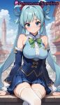 1girl 1girl 1girls 2025 ai ai_generated anime anime_style aqua_(konosuba) aqua_hair asian bangs bare_shoulders big_breasts big_breasts blue_eyes blue_hair blue_shirt blue_skirt blue_sky blush bow bowtie breasts brooch building bust center_frills closed_mouth cloud corset crossed_legs day detached_sleeves female_focus female_only female_solo frills green_bow green_bowtie hair_bobbles hair_ornament hair_rings hentai high_quality high_res high_res high_resolution kono_subarashii_sekai_ni_shukufuku_wo! legwear long_hair long_sleeves looking_at_viewer medium_breasts miniskirt natsuyoru non-asian outside patreon pleated_skirt shirt single_hair_ring sitting skirt sky sleeveless sleeveless_shirt smile solo_female stable_diffusion stockings thighs tower twin_tails underbust very_long_hair voluptuous voluptuous_female white_thighhighs zettai_ryouiki