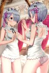  ass blue_eyes closed_mouth lingerie mirror re:zero_kara_hajimeru_isekai_seikatsu rem_(re:zero) silver_hair underwear white_panties yasuyuki 