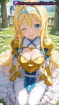 1girl 1girl 1girls 2025 ai ai_assisted ai_generated alice_schuberg alice_synthesis_thirty anime anime_style armor armored_dress bangs big_breasts big_breasts blonde_hair blue_eyes blush braid breastplate breasts bust castle cleavage cleavage_cutout closed_mouth copyright_notice day dress female_focus female_only flower gold_armor grass hair_between_eyes hair_intakes hairband hentai high_quality high_res high_res high_resolution knight long_hair long_sleeves looking_at_viewer medium_breasts natsuyoru one_eye_closed outside patreon pauldrons shoulder_armor sitting skirt sky smile solo_female stable_diffusion sword_art_online sword_art_online_alicization tongue tongue_out very_long_hair voluptuous voluptuous_female white_dress