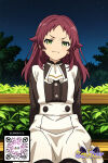 1girl 1girl 1girl :3 ai_generated apron bangs black_dress blush closed_mouth clothing dress frills green_eyes headdress littlehentai long_hair long_sleeves looking_at_viewer maid maid_apron night night_sky outside red_hair savitar savitar_(artist) sitting sky smile smug star_(sky) starry_sky uniform white_apron