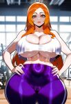 1girl 1girl ai_generated bleach curvy curvy_female curvy_figure gym gym_clothes inoue_orihime orange_hair