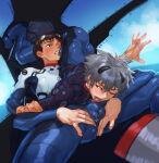 2_girls 69 69_position bludwing brown_hair kaworu_nagisa naughty_face neon_genesis_evangelion penis_lick plugsuit shinji_ikari white_hair yaoi