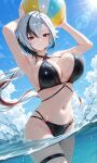  1girl arlecchino_(genshin_impact) beachball big_breasts bikini black_bikini black_eyes black_hair breasts female_only genshin_impact in_water long_hair low_ponytail multicolored_hair red_hair red_pupils smile solo_female wet_body white_hair x-shaped_pupils x_uta 