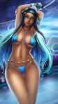 1girl absurd_res alluring bikini billygrilly blue_bikini blue_eyes creatures_(company) dark-skinned_female dark_skin game_freak high_res multicolored_hair nessa_(pokemon) nintendo pokemon pokemon_swsh swimsuit