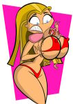 1girl bikini blonde_hair bra breast_grab breasts bulge bulging_nipples codykins123 crossover curvy curvy_figure lindsay_(tdi) lips looking_down male navel nipples nipples_bulge no_navel pervert red_bra ren_and_stimpy ren_hoek sexual_harassment slim2k6 thick_thighs thong total_drama_island wide_hips