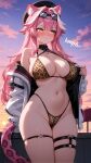  1girl ai_generated bikini blush breasts brown_bikini detached_collar female_only goggles goggles_on_head hat hololive hololive_english jacket large_breasts long_hair luminal_lumi open_jacket outside panther_ears panther_girl panther_print_bikini panther_tail pink_hair pout raora_panthera solo_female streaked_hair sunset text thighlet virtual_youtuber vtuber white_hair yellow_eyes zipper_bikini 