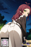 1girl 1girl 1girl :3 ai_generated apron bangs black_dress blush closed_mouth clothing dress frills green_eyes headdress littlehentai long_hair long_sleeves looking_at_viewer maid maid_apron night night_sky outside red_hair savitar savitar_(artist) sitting sky smile smug star_(sky) starry_sky uniform white_apron