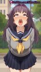 1girl 1girl 1girls 2025 ahegao ahoge ai ai_generated anime anime_style arms_behind_back bangs big_breasts big_breasts black_sailor_collar black_skirt blue_skirt blush breasts building bust collarbone cowboy_shot day drooling female_focus female_only fence grey_sweater hair_flaps hair_intakes hentai high_quality high_res high_res high_resolution koshi_anko leaning_forward long_hair long_sleeves looking_up my_deer_friend_nokotan natsuyoru neckerchief open_mouth oral_invitation outside patreon pleated_skirt purple_eyes purple_hair rolling_eyes sailor_collar sailor_uniform saliva school_uniform serafuku shikanoko_nokonoko_koshitantan skirt sky solo_female stable_diffusion sweater teeth tongue tongue_out tree upper_teeth_only uvula voluptuous voluptuous_female yellow_neckerchief