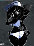 1girl ass black_body black_hair cap clothed clothing digital_drawing_(artwork) digital_media_(artwork) fanart female_only freckles glitch_productions hat human jackintaro looking_at_viewer looking_back murder_drones ribbon ribbons simple_background tessa_elliot underwear white_eyes