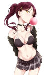 1girl 1girl bare_shoulders big_breasts bikini bikini_top_only black_bikini black_choker black_jacket blowing_bubbles breasts brown_hair bubble_gum bubblegum chewing_gum choker cleavage cowboy_shot hair_ornament hairclip head_tilt jacket long_hair looking_at_viewer love_live! love_live!_sunshine!! navel o-ring o-ring_choker plaid_clothes plaid_skirt ponytail red_hair sakurauchi_riko simple_background skirt standing surfing_orange swimsuit white_background yellow_eyes