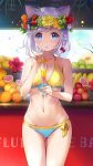 bikini blue_eyes blush cat_ears drink ecchi looking_at_viewer navel neko purple_hair side-tie_bikini wide_hips