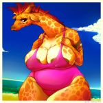  1girl 2014 3_fingers anthro areola beach big_areola big_breasts black_eyes breasts clothing cloud detailed_background eyelashes female frown giraffe giraffe_mom giraffid hair half-closed_eyes huge_breasts huge_nipples javanshir looking_away looking_down mammal mohawk outside public raised_arm sad sand sea seaside shadow shiny short_hair sky slightly_chubby solo standing straps swimsuit thick_thighs water wide_hips 