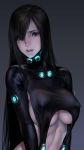  1girl as109 big_breasts black_hair bodysuit breasts brown_eyes erect_nipples erect_nipples_under_clothes gantz gantz_suit grey_background hair_over_one_eye lips long_hair nipples nose shimohira_reika underboob 