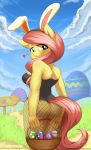 <3 1girl 2017 absurd_res anthro anthrofied ass blush breasts bunny_costume burgerkiss cloud cosplay easter egg equine fishnet fluttershy fluttershy_(mlp) friendship_is_magic furry hair high_res holding_object holidays horse mammal my_little_pony outside pony smile