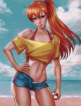  absurdres ass_visible_through_thighs beach bow bow_panties breasts collarbone contrapposto cowboy_shot dandon_fuga denim denim_shorts deviantart green_eyes halterneck hand_on_hip highres holding_poke_ball kasumi_(pokemon) lips looking_at_viewer medium_breasts midriff misty off-shoulder_shirt orange_hair panties poke_ball pokemon ponytail red_hair redhead shirt shorts side_ponytail solo tied_shirt underwear white_panties 