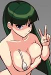 1girl arm arms art babe bare_arms bare_shoulders big_breasts blush breast_hold breasts cleavage collarbone covering covering_breasts green_hair grey_background gym_leader hand_bra hime_cut long_hair looking_at_viewer medium_breasts nakaba natsume_(pokemon) neck nintendo nude pokemon pokemon_(game) pokemon_frlg pokemon_rgby purple_eyes sabrina sabrina_(pokemon) simple_background spoon upper_body v