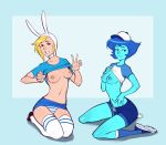 2_girls adventure_time animal_ears animal_hat animal_hood baseball_cap baseball_uniform black_eyes blonde_hair blue_hair blue_skin blue_striped_panties breasts bunny_ears crossover female female_only fionna_the_human hat hood izra kneel lapis_lazuli lapis_lazuli_(steven_universe) multiple_girls navel nipples no_bra open_fly panties shimapan shirt_lift short_hair shorts sitting skirt smile socks sportswear steven_universe stockings striped striped_panties underwear unzipped wariza white_legwear