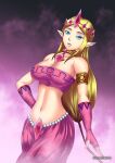  1girl 1girl 1girl alluring belly_dancer belly_dancer_outfit big_breasts blonde_hair blue_eyes crown dancer dancer_outfit detailed_background female_only fingerless_gloves gerudo_outfit harem_girl harem_outfit harem_pants haryudanto hylian jewelry long_gloves long_hair nintendo pointy_ears princess_zelda royalty the_legend_of_zelda tubetop zelda_(hyrule_warriors) 