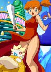 clothed dress dress_lift female flashing kasumi_(pokemon) misty no_panties pokemon psyduck pussy standing togepi