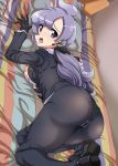 1girl anabel ass bare_legs bed bed_sheet black_gloves black_ribbon black_shoes blush breasts breasts_out breasts_outside cover cover_page doujin_cover earbuds earphones gloves headphones heart heart-shaped_pupils highres jacket lila_(pokemon) long_hair long_sleeves low_ponytails nipples nori_(akusei_shinseibutsu) on_bed open_clothes open_jacket open_mouth panties pokemon pokemon_(game) pokemon_sm ponytail porkyman purple_eyes purple_panties ribbon shoes solo sweat symbol-shaped_pupils underwear white_shirt