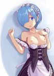 1girl 1girl blue_eyes blue_hair bow breasts breasts_out_of_clothes corset hand_on_own_chest konimaru looking_at_viewer maid maid_headdress medium_breasts nipples no_bra open_mouth re:zero_kara_hajimeru_isekai_seikatsu rem_(re:zero) short_hair small_breasts small_nipples wardrobe_malfunction