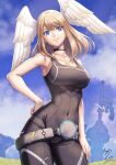  1girl 1girl alluring bare_arms belt big_breasts black_bodysuit black_choker blue_eyes blue_sky bodysuit breast_tattoo brown_hair choker cleavage closed_mouth collarbone commentary_request contrapposto covered_navel cowboy_shot eiwa eunie_(xenoblade) eyelashes feathered_wings hand_on_own_hip head_wings looking_at_viewer medium_hair signature sky sleeveless sleeveless_bodysuit smile standing tattoo wings xenoblade_(series) xenoblade_chronicles_3 