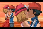  1boy 1girl arm art ash_ketchum bare_shoulders baseball_cap black_hair blue_eyes blue_shirt blush brown_eyes casual closed_eyes closed_mouth couple dress eye_contact friends hat hetero hikariangelove hikariangelove_(artist) hugging kissing light_brown_hair looking_at_another love multiple_views neck nintendo outside pokemon pokemon_(anime) pokemon_xy red_dress satoshi_(pokemon) serena serena_(pokemon) shirt short_hair short_sleeves sky sleeveless sleeveless_dress smile sunset twilight upper_body 