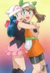  2girls :d alluring arm arms art bandana bandanna bare_arms bare_legs bare_shoulders beanie belt bike_shorts black_dress black_socks blue_eyes blue_hair blush brown_hair ccm_(artist) cheek-to-cheek cleavage crossed_arms dawn dawn_(pokemon) dress friends game_freak gradient gradient_background green_bandana green_bandanna hair_ornament happy haruka_(pokemon) haruka_(pokemon_emerald) hat hikari_(pokemon) hug_from_behind hugging humans_of_pokemon legs long_hair looking_at_another looking_at_viewer love may_(pokemon) multiple_girls nintendo open_mouth orange_clothes orange_shirt pink_skirt pokemon pokemon_(anime) pokemon_(game) pokemon_diamond_pearl_&amp;_platinum pokemon_dppt pokemon_rse red_scarf scarf short_hair signature skirt sleeveless sleeveless_dress sleeveless_shirt smile socks standing yuri 