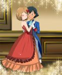 1boy 1girl alternate_costume arm art ash_ketchum bare_shoulders black_choker black_hair blue_suit blush brown_eyes choker closed_eyes closed_mouth couple dancing dress formal friends full_body hetero hikariangelove hikariangelove_(artist) hugging indoors light_brown_hair looking_at_another love nintendo pokemon pokemon_(anime) pokemon_xy red_dress satoshi_(pokemon) serena serena_(pokemon) short_hair smile sparkle strapless strapless_dress suit