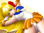 1_female 1_human 1girl bishoujo_senshi_sailor_moon blonde_hair blue_eyes breasts cameltoe clothed earrings female female_human female_only gloves hair human human_only leotard long_hair looking_at_viewer lying makeup minako_aino ribbon sailor_venus serafuku skirt skirt_lift solo solo_female upskirt very_long_hair