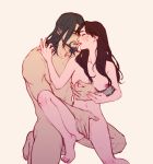 1boy 1girl areola beard black_hair breasts brown_hair clavicle closed_eyes d.va_(overwatch) ecila facial_hair facial_mark feet hana_song high_resolution kneel long_hair nipple_tweak nipples nude open_mouth overwatch shimada_hanzo toes white_background