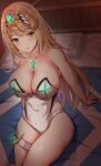  1girl :o alluring arm_support bangs bare_arms bare_shoulders big_breasts blanket blonde_hair blush breasts brown_eyes casual_one-piece_swimsuit chest_jewel cleavage collarbone eyebrows_visible_through_hair gem glowing high_res indoors leaning_back long_hair looking_at_viewer mythra mythra_(xenoblade) nintendo noeomi on_bed one-piece_swimsuit open_mouth pillow sitting strapless strapless_swimsuit super_smash_bros._ultimate swimsuit thigh_strap tiara very_long_hair voluptuous white_swimsuit xenoblade_(series) xenoblade_chronicles_2 