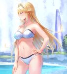  1girl absurd_res alluring anbe_yoshirou animal_ears arm_at_side big_breasts bikini blonde_hair blue_sky breasts cleavage closed_eyes day hand_on_hip high_res lake mythra mythra_(xenoblade) nintendo sky smile splashing super_smash_bros._ultimate swimwear tiara voluptuous water xenoblade_(series) xenoblade_chronicles_(series) xenoblade_chronicles_2 zeke_von_genbu_(xenoblade) 