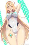 1girl alluring arm_behind_head artist_name bangs big_breasts blonde_hair breasts choker cowboy_shot curvy eyelashes gluteal_fold high_res impossible_clothes kamaniki long_hair looking_down mythra mythra_(xenoblade) nintendo one-piece_swimsuit open_mouth shiny shiny_skin skin_tight sleeveless super_smash_bros._ultimate swept_bangs swimsuit taut_clothes taut_swimsuit thighs very_long_hair voluptuous white_choker white_swimsuit wide_hips xenoblade_(series) xenoblade_chronicles_2 yellow_eyes