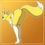 1girl animal_ears anthro anthro_canine anthro_fox anthro_only anthro_vixen ass bent_over blue_eyes breasts digimon female female_anthro female_only fox fur furry looking_at_viewer looking_back nude presenting renamon smile solo standing tail toei_animation vixen white_fur yellow_fur