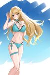 1girl absurd_res alluring aqua_bikini bangs big_breasts bikini blonde_hair blush breasts chest_jewel cleavage feet_out_of_frame high_res hinata_uta_(sube) layered_bikini long_hair mythra mythra_(xenoblade) navel nintendo nintendo_entertainment_system super_smash_bros._ultimate swept_bangs swimsuit thigh_strap very_long_hair voluptuous xenoblade_(series) xenoblade_chronicles_2 yellow_eyes