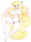 1girl animal_ears animaniacs big_breasts blonde_hair blue_eyes breasts cute eyeshadow fluffy_tail furry long_hair long_tail looking_at_viewer minerva_mink mustelid nipples pink_nose signature simple_background slugbox smile tail topless warner_brothers white_fur