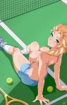 1girl blonde_hair blue_eyes breasts disney elsa exlic female_only frozen_(movie) looking_back nipples no_bra partially_clothed sitting tennis_balls tennis_court tennis_racket topless