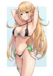  1girl :o adapted_costume alluring arms_behind_head arms_up bangs big_breasts blonde_hair blush breasts brown_eyes cleavage commentary_request cowboy_shot criss-cross_halter eol_9 eyebrows_visible_through_hair faulds gem halterneck high_res long_hair looking_at_viewer mythra mythra_(xenoblade) navel nintendo open_mouth stomach straight_hair super_smash_bros._ultimate swept_bangs thigh_strap thighs two-tone_bikini very_long_hair voluptuous xenoblade_(series) xenoblade_chronicles_2 