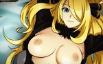 00s 1girl areolae arms_up blonde_hair blue_eyes breasts breasts_outside cynthia female hair_over_one_eye large_breasts long_hair lying michael nintendo nipples on_back open_clothes open_shirt pokemon pokemon_(game) pokemon_dppt solo upper_body