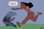  1girl alien bottomless chasing coonfoot cover_up covering_crotch dark-skinned_female dark_skin disney embarrassing funny human lilo_and_stitch male nani_pelekai smile stitch 