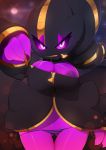 1girl 1girl banette breasts cleavage condom grin mega_banette mega_evolution nipple_slip nipples panties plantpenetrator pokemon purple_eyes purple_skin striped_panties zipper