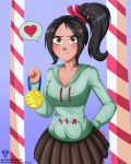 alcasar-reich alcasar-reich_(artist) big_breasts breasts cleavage deviantart female hand_on_hip heart looking_at_viewer medal ponytail smile solo speech_bubble spoken_heart vanellope_von_schweetz wreck-it_ralph