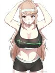 1girl absurd_res adjusting_hair alluring alternate_costume arms_behind_head arms_up bangs big_breasts bikini black_shorts black_sports_bra blush breasts brown_eyes brown_hair cleavage cord cowboy_shot gym_uniform hairband headpiece high_res long_hair looking_at_viewer mythra mythra_(xenoblade) neon_trim nintendo ponytail shorts shy simple_background sports_bra standing stomach swept_bangs swimsuit the_kingdude twitter_username very_long_hair voluptuous white_background xenoblade_(series) xenoblade_chronicles_2