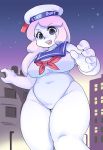 1girl big_breasts breasts clothed clothing crossgender english_text ghostbusters hair hat leotard macro navel nipple_bulge sailor_uniform shepherd0821 slightly_chubby stay_puft_marshmallow_man text thick_thighs white_hair white_skin