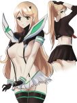 absurd_res alluring ass big_breasts black_legwear black_skirt blonde_hair breasts cosplay cowboy_shot eyebrows_visible_through_hair high_res kill_la_kill long_hair looking_at_viewer looking_back matoi_ryuuko matoi_ryuuko_(cosplay) microskirt multiple_views mythra mythra_(xenoblade) nintendo senketsu simple_background skirt stockings tommy_(kingdukeee) under_boob very_long_hair voluptuous white_background xenoblade_(series) xenoblade_chronicles_2 yellow_eyes