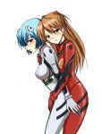 2girls asuka_langley_souryuu blue_eyes blue_hair blush bodysuit breasts brown_hair female female_only hair_ornament hairpods hug_from_behind hugging leaning leaning_forward light_blue_hair long_hair looking_at_viewer looking_to_the_side love medium_breasts metalbolic_(artist) multiple_girls neck neon_genesis_evangelion parted_lips plugsuit red_eyes rei_ayanami short_hair simple_background standing white_background yuri