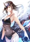 1girl absurd_res alluring black_hair black_one-piece_swimsuit brown_hair dress_swimsuit fishnet_swimsuit hat high_res medium_hair morag_ladair morag_ladair_(obligatory_leave)_(xenoblade) one-piece_bikini risumi_(taka-fallcherryblossom) swimsuit water xenoblade_(series) xenoblade_chronicles_2