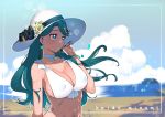  1girl arm_at_side bare_shoulders beach bikini bikini_top blue_eyes blue_hair blurry breasts character_name cleavage cure_mermaid depth_of_field earrings erect_nipples flower from_side go!_princess_precure groin hat hat_flower jewelry kaidou_minami large_breasts light_smile long_hair midriff multicolored_hair precure rumo sideboob smile sun_hat swimsuit tagme two-tone_hair upper_body wavy_hair white_bikini white_hat 