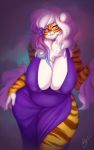 1girl 1girl 2017 amber_eyes anthro big_breasts breasts buxbi buxbi_(character) cleavage clothed clothing dress feline flower flower_in_hair furry hair long_hair looking_at_viewer mammal pink_nose plant smile stripes tiger white_hair